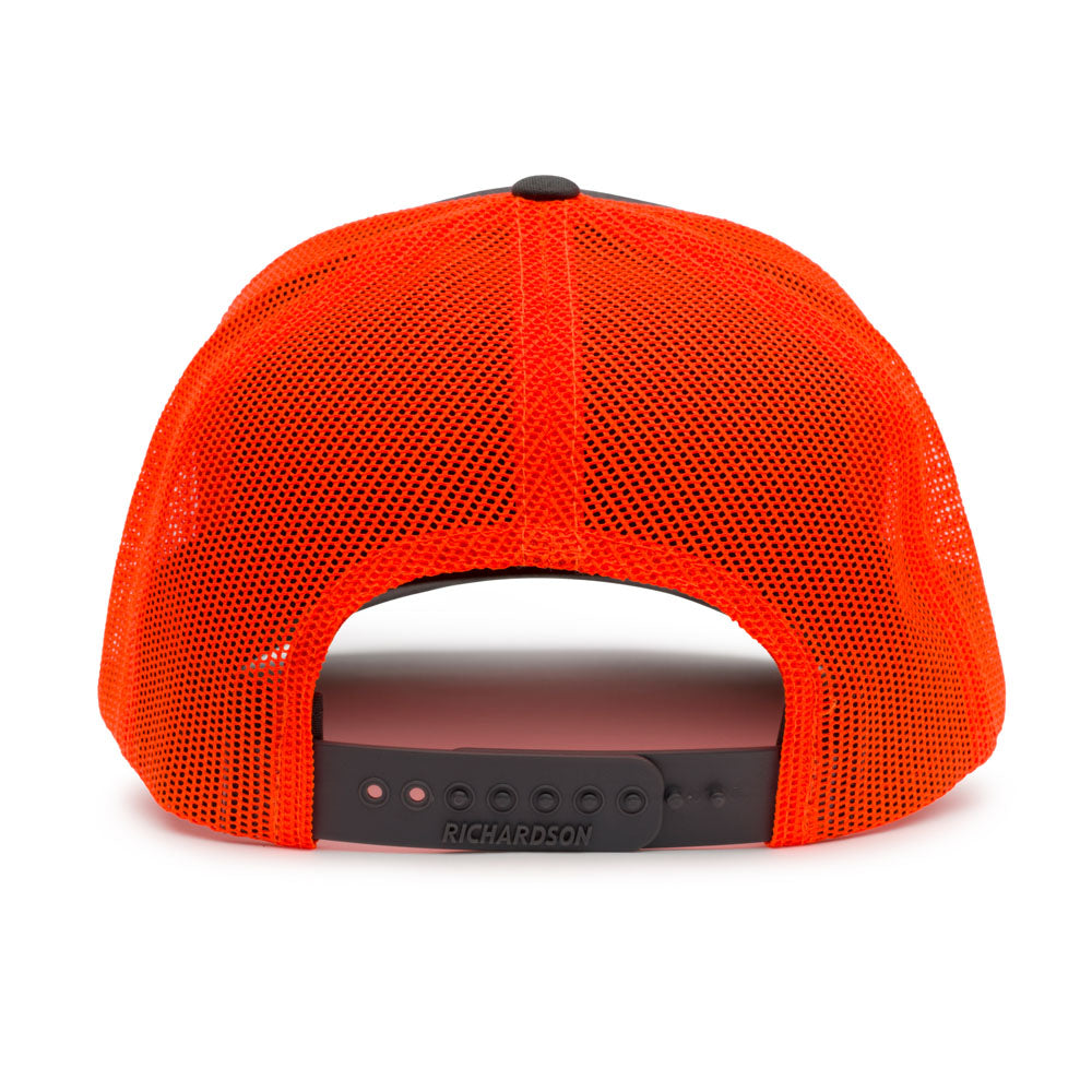 Grundens Offset Embroidered Trucker Hat - Charcoal/Neon Orange