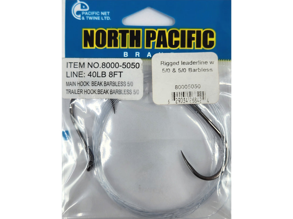 North Pacific Pre-Tied Mooching Leader - 8ft 40lb 5/0 4/0 Barbless 5 in Spread
