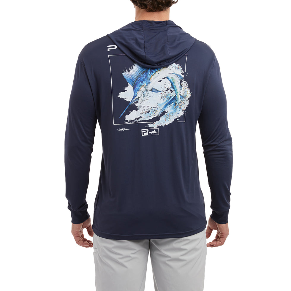 Pelagic Aquatek Goione Sailfish Hooded Fishing Shirt - Navy X-Large